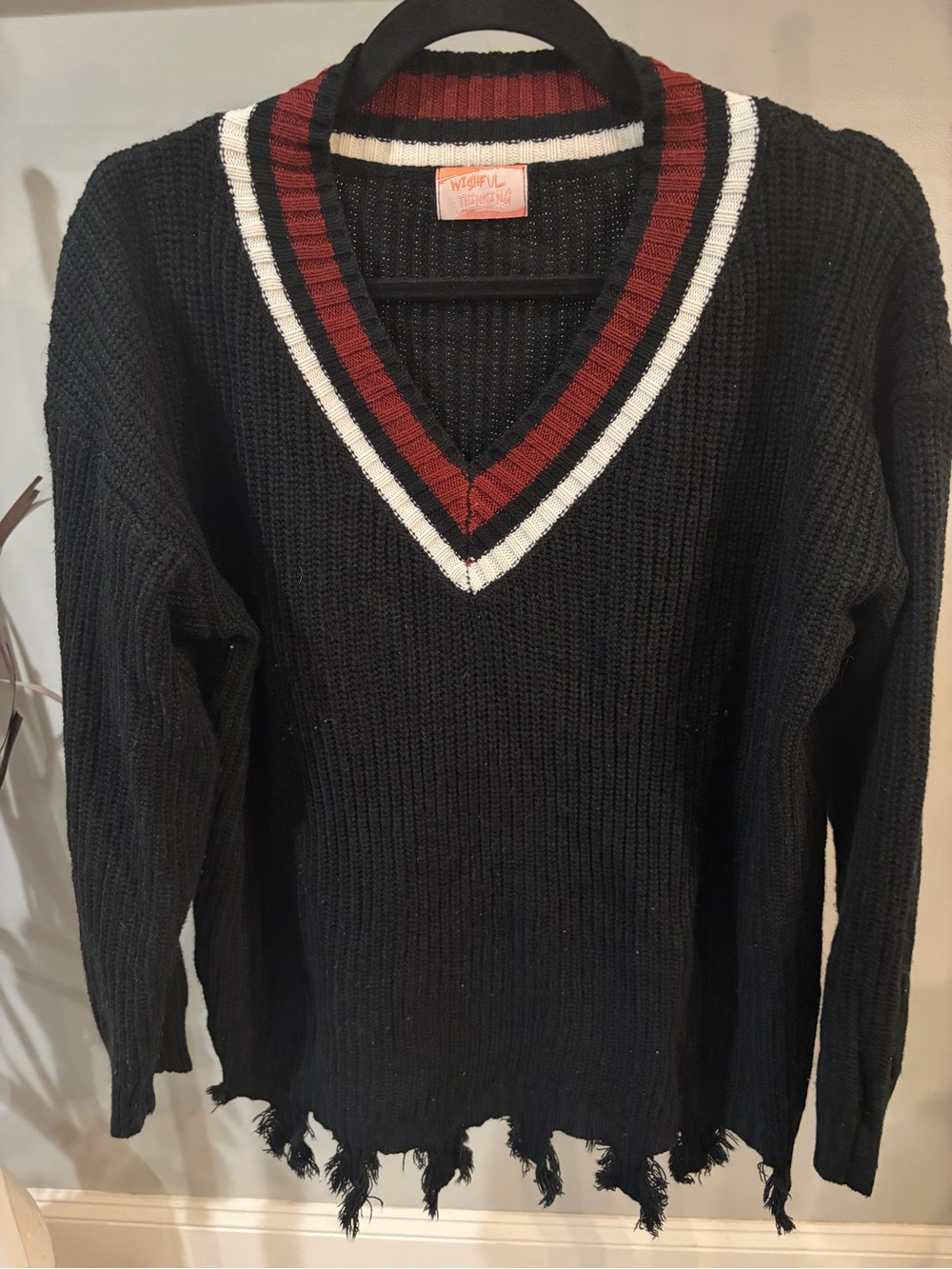 Wishful Thinking  Black V-Neck Sweater with Red & White Trim- size large